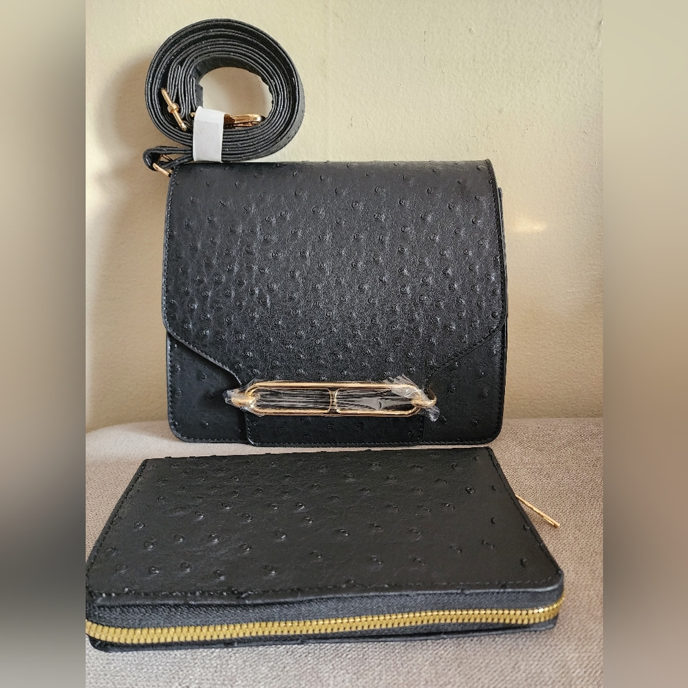NWT Chic 2 Pieces Black Crossbody Vegan Ostrich Leather  W/ Matching Wallet